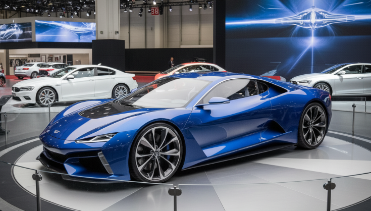 Plavi sportski automobil na izložbi